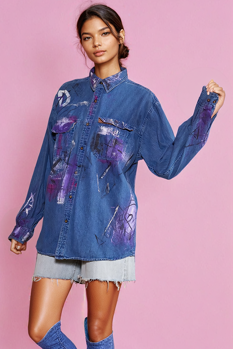 Artisan Hand-Painted Midnight Muse Denim Shirt