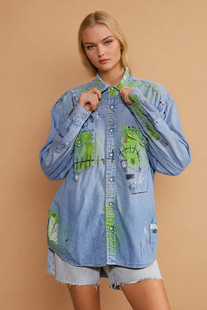 Artisan Hand-Painted Urban Graffiti Denim Shirt